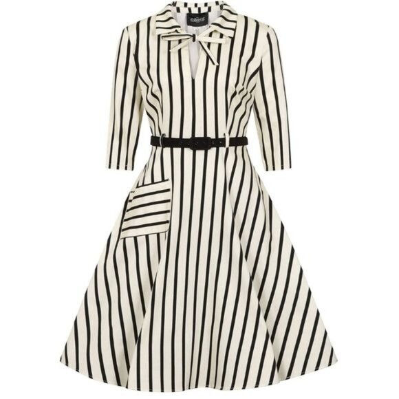 COLLECTIF Retro Darcey Ghost Black Stripe Swing Belted Dress in lvory 2 - Picture 1 of 11